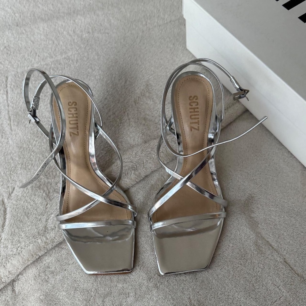 SCHUTZ Silver Strappy Square-Toe Heels
